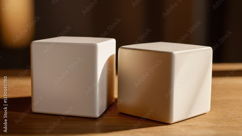Obraz premium Stylish white cubes mockup on wooden surface for creative design projects.