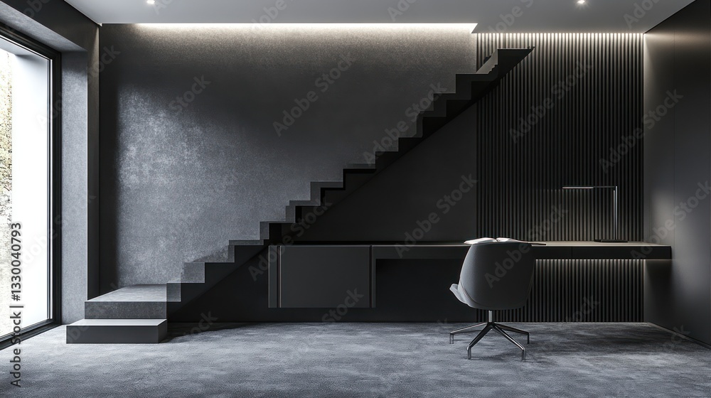 Obraz premium Modern home office with stairs, desk, chair, natural light