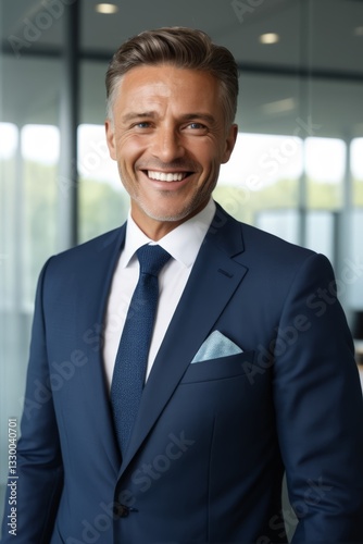smiling man in a blue suit and tie standing in an office