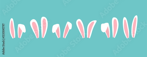 Easter bunny ear, rabbit mask, cartoon hare character, cute animal ears costume, spring funny pet set on green background. Simple vector illustration