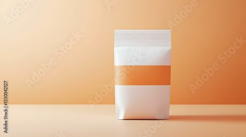 A minimalist product image of a retort pack meal, standing upright with a modern, eye-catching label. The high-resolution details, bright colors, and soft lighting emphasize the quality and