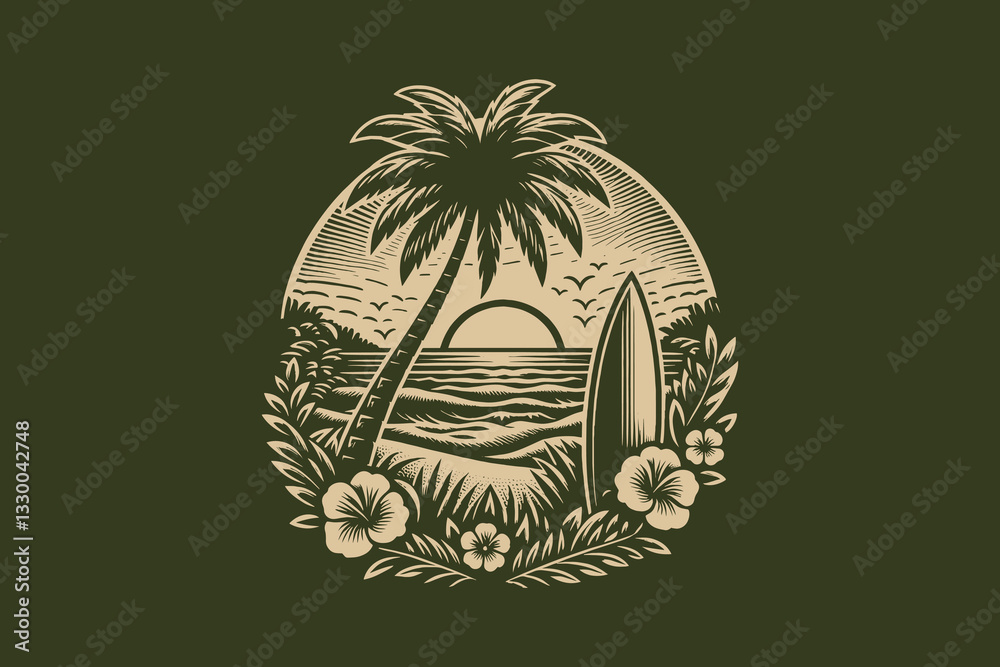 Vintage tropical beach scene with palm, surfboard, and sunset