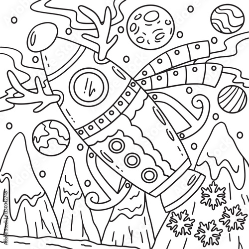 Space Reindeer Rocket Coloring Page for Kids 