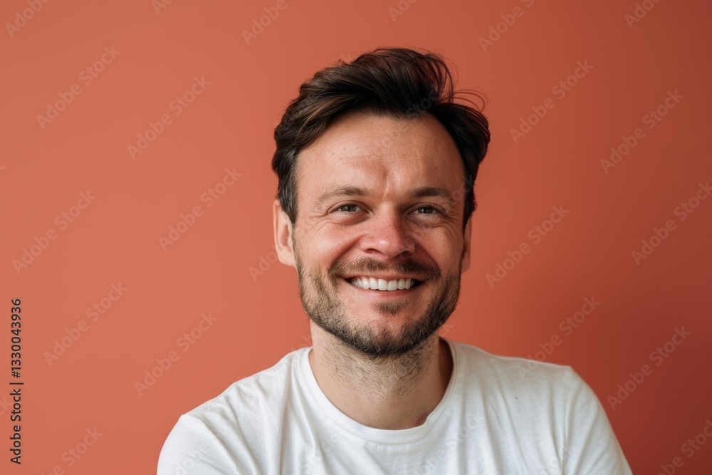 Portrait of a smiling man in his 30s smiling at the camera isolated in solid color backdrop Portrait of a smiling man in his 30s smiling at the camera isolated in solid color backdrop