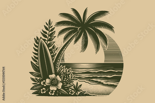 Vintage tropical beach scene with palm, surfboard, and sunset