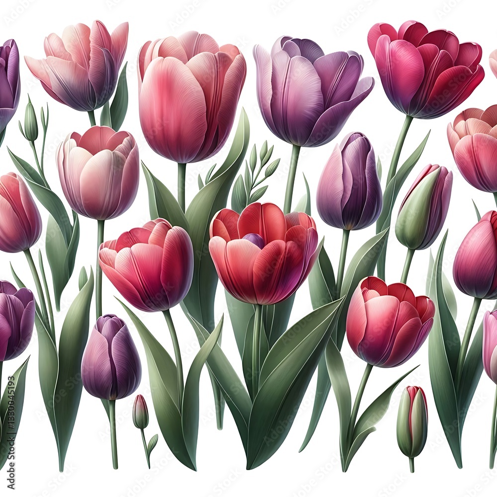 Fototapeta premium Lovely tulips in vivid pink and purple tones, floral illustration perfect for home decor, spring garden artwork.