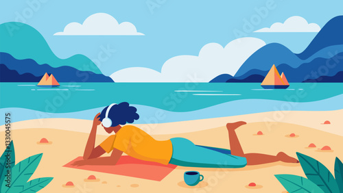 A secluded section of beach is the perfect setting for a person to lay on their back knees bent and practice meditation to the serene sound of lapping waves.. Vector illustration