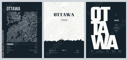 Set of travel posters with Ottawa, detailed urban street plan city map, Silhouette city skyline, vector artwork, set 2