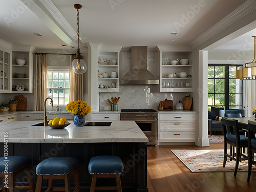 Interior design of a beautiful kitchen with a large island in a modern new England colonial home