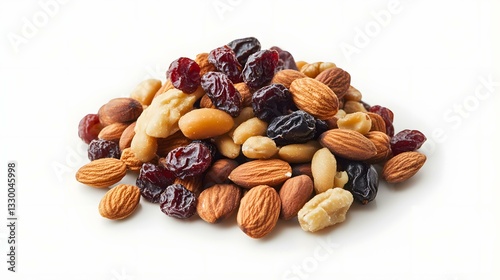A minimalist product photo featuring a neatly arranged pile of mixed dried nuts and berries, including almonds, walnuts, cranberries, and raisins. The high-resolution details and natural shadows