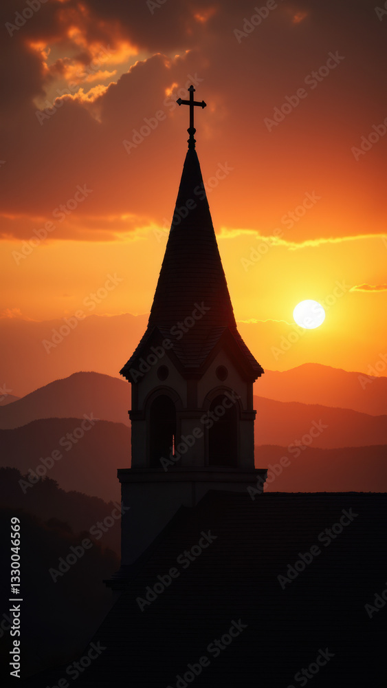 A serene sunset with a church steeple silhouetted against the mountains. A serene sunset with a church steeple silhouetted against the mountains.