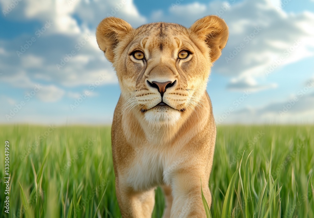 Obraz premium Young Lioness Walking in Grassy Field Under Partly Cloudy Sky