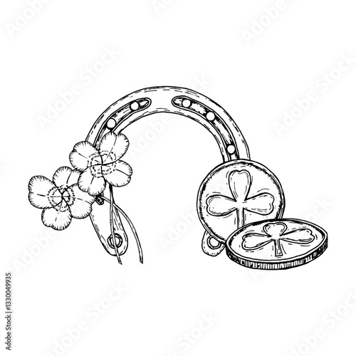 A detailed black and white illustration of a lucky horseshoe, shamrocks, and gold coins. A perfect St. Patrick s Day symbol representing Irish luck, prosperity, and the joy of celebration