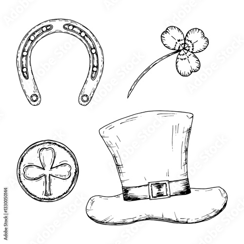A collection of hand-drawn St. Patrick s Day elements, including a leprechaun s hat, horseshoe, shamrock, and lucky coin. A festive design celebrating Irish traditions and the joy of good luck