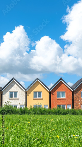 Bright houses in housing estate under blue sky with clouds