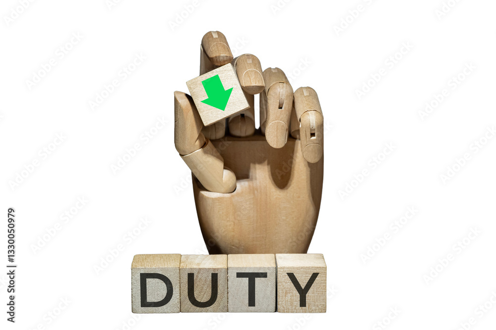 sztuczna ręka trzymająca kostkę z zieloną strzałką w dół nad napisem na kostkach: DUTY.