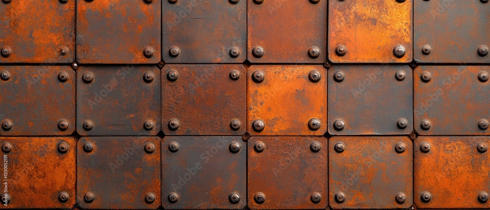 Fototapeta premium Rustic Metal Wall Texture: Oxidized Steel Plates and Rivets