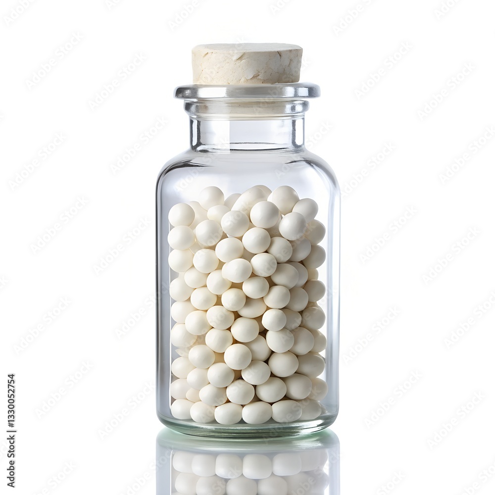 Glass Bottle Filled with White Capsules and a Cork Closure Glass Bottle Filled with White Capsules and a Cork Closure