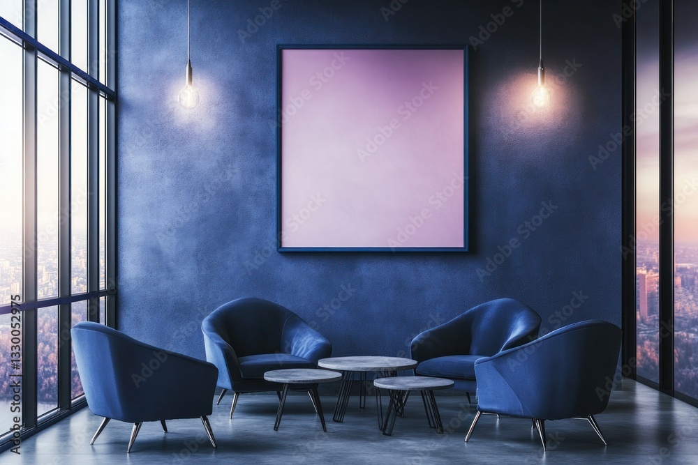 Fototapeta premium Modern lounge with blue armchairs, cityscape view.
