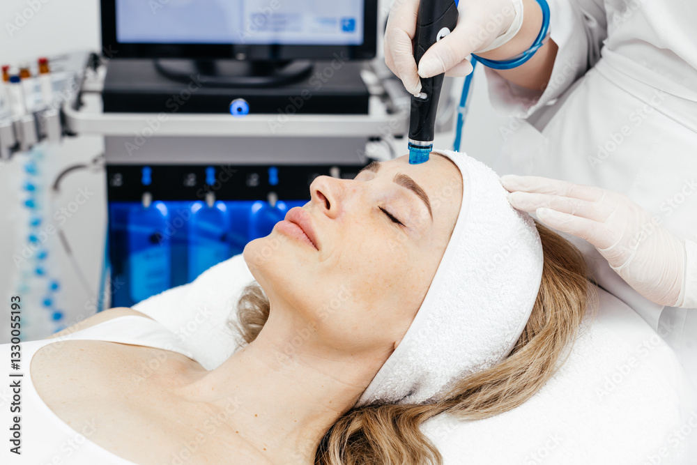 Naklejka premium A woman receiving a hydrafacial treatment in a beauty salon. Concept of effective hydration and skin rejuvenation using modern technologies for the perfect facial care.