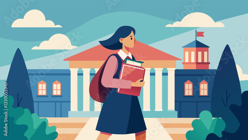 A middleaged woman walks confidently through campus sporting a backpack and carrying a stack of textbooks determined to finally earn her degree.. Vector illustration