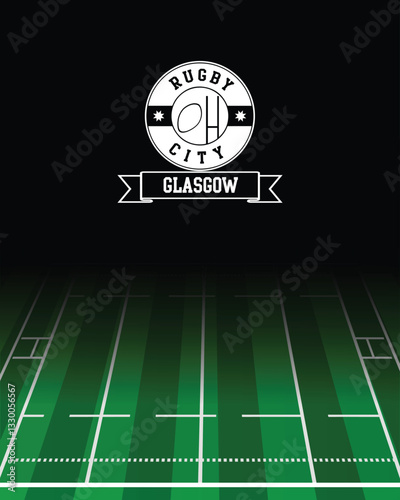 Glasgow Concept for Rugby City white Stamp with Green Field Background, abstract illustration image