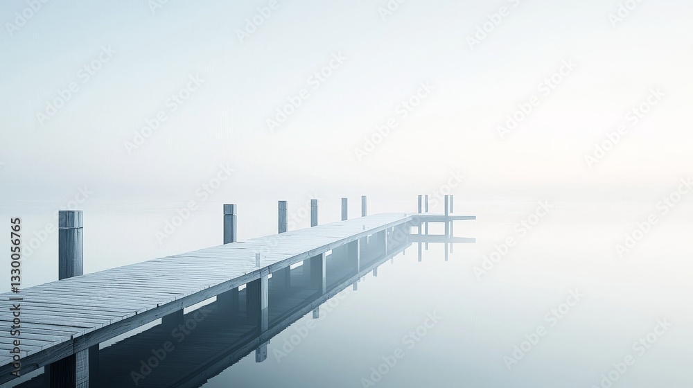 Fototapeta premium Serene foggy pier over calm water.