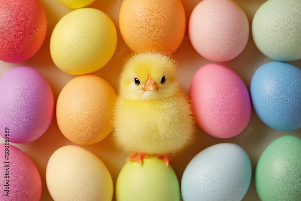 Cute yellow chicken sitting in a pile of colored eggs. Happy Easter Cute yellow chicken sitting in a pile of colored eggs. Happy Easter