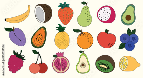 Set of hand-drawn cartoon-style fruits on light background. Includes banana, coconut, strawberry, pear, dragon fruit, avocado, plum, papaya, pineapple, orange, apple, blueberry, raspberry, cherry