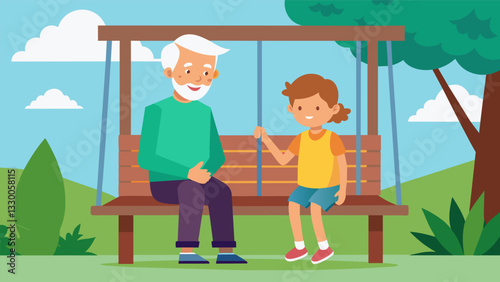 A grandparent and grandchild sitting on a porch swing enjoying the simple of conversation and quality time together.. Vector illustration