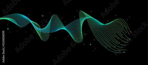 Green parallel lines of vibrant color, curving and wavy lines against a black background.
