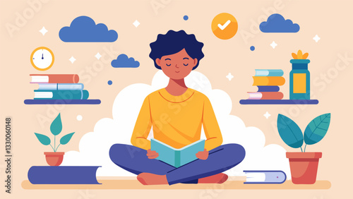 A student studying for an exam taking breaks to practice mindfulness and being aware of their thoughts and emotions.. Vector illustration