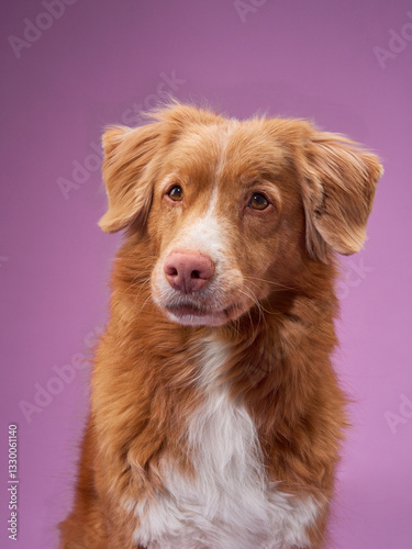 A Nova Scotia Duck Tolling Retriever sits calmly against a purple background, gazing directly at the camera. The dog calm and focused expression adds depth to the serene portrait.