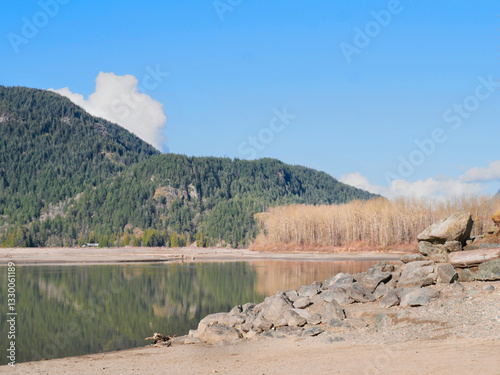 Beautiful view of the Fraser River at Island 22 Regional Park during a winter season in Chilliwack, British Columbia, Canada
