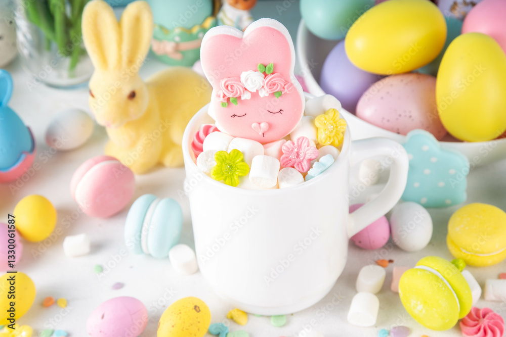 Fototapeta premium Easter holiday hot chocolate with funny bunny rabbits creative made with marshmallows, greeting card, child morning party invitation, Easter hot drinks menu background