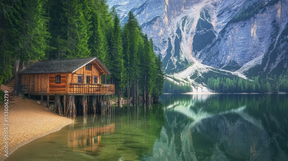 Fototapeta premium Wooden cabin by a serene lake surrounded by forest and mountains