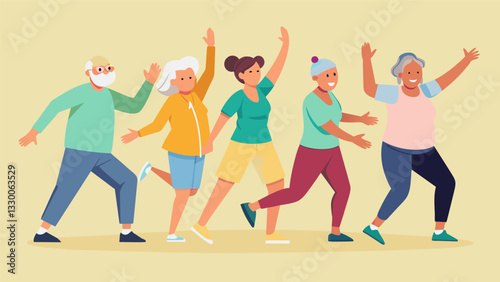 A senior fitness dance class led by energetic and enthusiastic coaches providing a fun and social way for elderly individuals to stay physically and mentally active.. Vector illustration