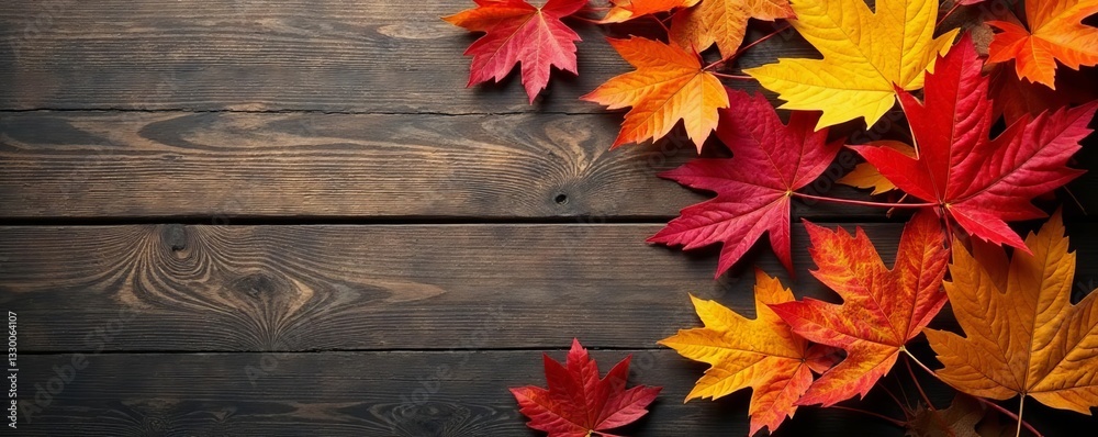 Obraz premium Top view of a textured arrangement of autumn foliage on a wooden background, autumn, fall
