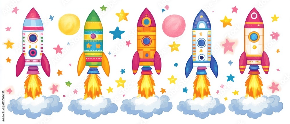 Colorful Rockets Taking Off in Space Colorful Rockets Taking Off in Space