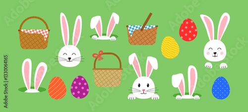 Easter bunnies, eggs, basket picnic, rabbit ears, den hole and bag. Cute animal character, cartoon egg hunt, funny spring set on green background. Holiday vector illustration