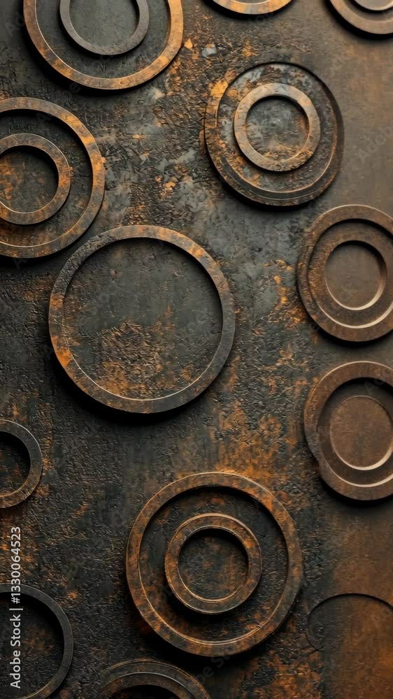 Metal circles of varying sizes create an abstract design on a textured black surface resembling industrial decor Metal circles of varying sizes create an abstract design on a textured black surface resembling industrial decor