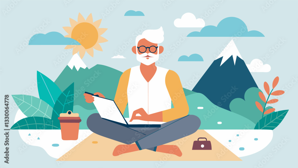Fototapeta premium A solo senior traveler attending a yoga retreat writing about the benefits of selfcare and spiritual growth while exploring new destinations.. Vector illustration