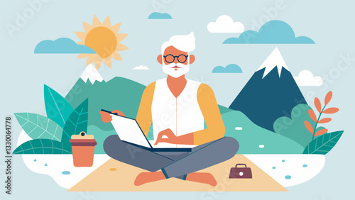 A solo senior traveler attending a yoga retreat writing about the benefits of selfcare and spiritual growth while exploring new destinations.. Vector illustration