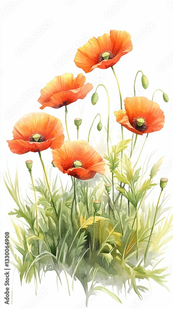 Fototapeta premium Vibrant Orange Poppies Surrounded by Lush Greenery in Bloom