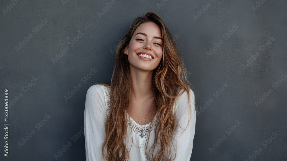 Obraz premium A cheerful young businesswoman poses confidently against a gray wall, radiating happiness and professionalism