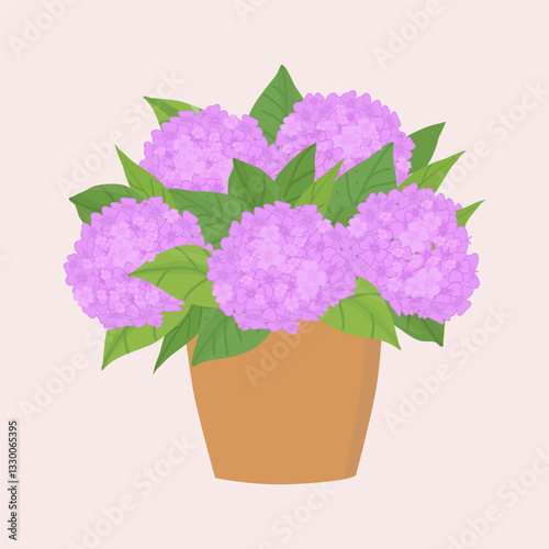 Potted hydrangea. Vector purple and pink hand drawn hydrangea. Color illustration with potted plant. Hobby gardening. For printing and design.