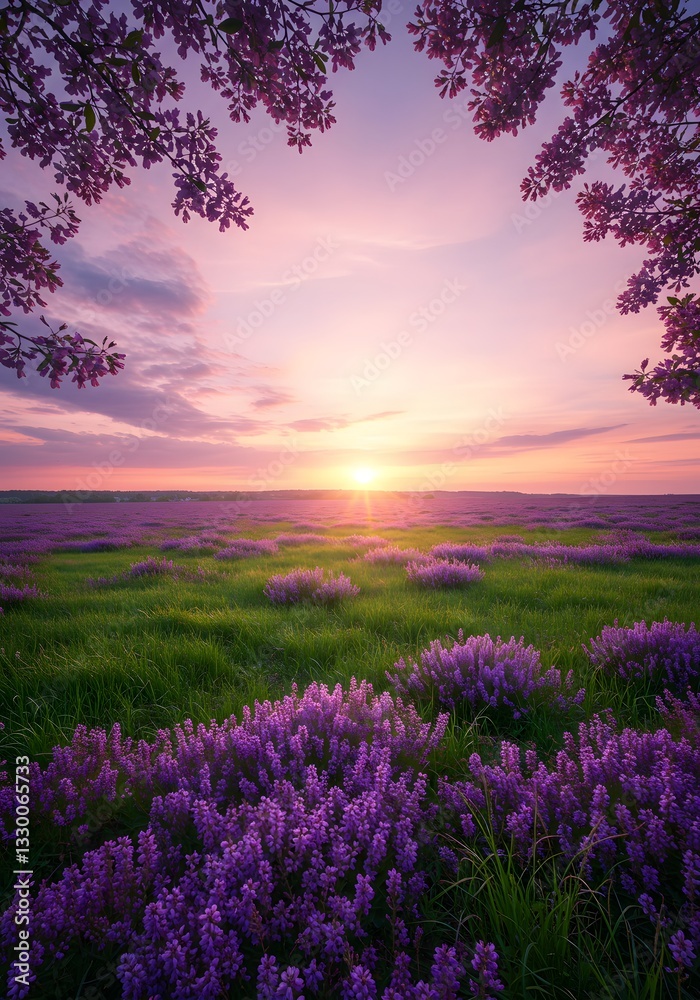 Lilac blooms sprawl peacefully, illuminated by blushing evening skies above