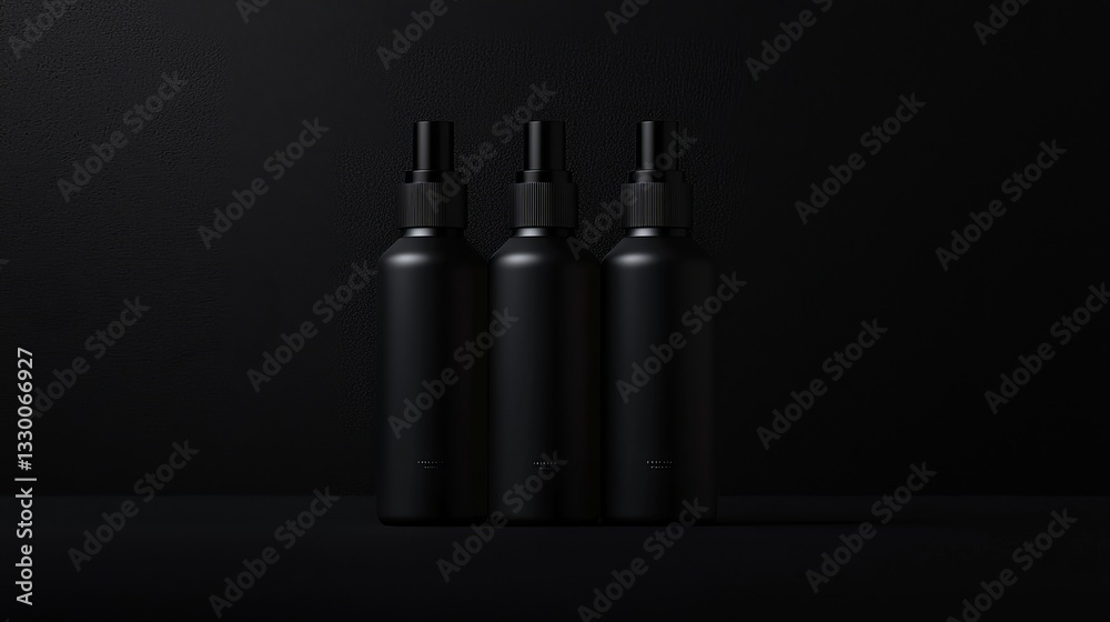 Fototapeta premium Three sleek black bottles on a dark background.