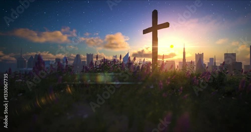 Big wooden cross on a flowering hill in front of the city with moving clouds on blue starry sky. Easter, resurrection, new life, redemption concept. 4k