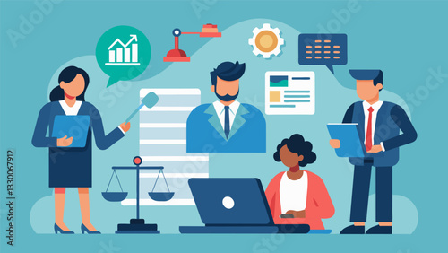 As they prepare for a negotiation a legal team uses an AI tool to quickly analyze data from previous settlements and verdicts to inform their strategy.. Vector illustration